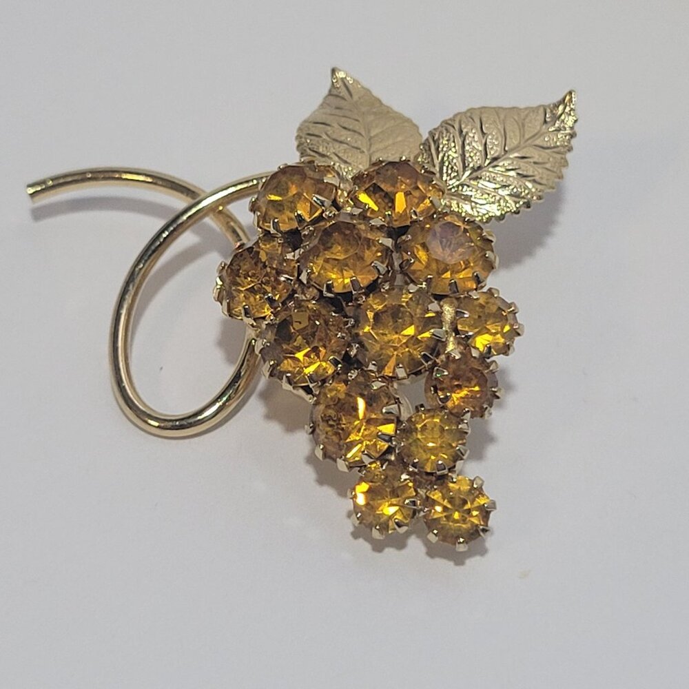 Vintage Grape Amber Crystal Orange Rhinestone Costume Brooch Pin Fruit 70s